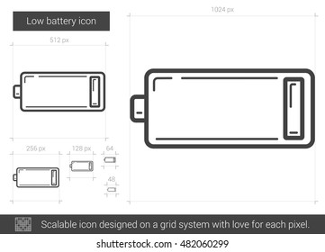 Low battery vector line icon isolated on white background. Low battery line icon for infographic, website or app. Scalable icon designed on a grid system.