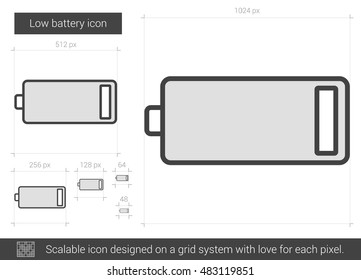 Low battery vector line icon isolated on white background. Low battery line icon for infographic, website or app. Scalable icon designed on a grid system.