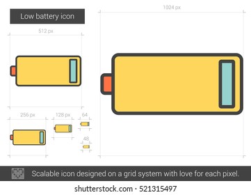 Low battery vector line icon isolated on white background. Low battery line icon for infographic, website or app. Scalable icon designed on a grid system.