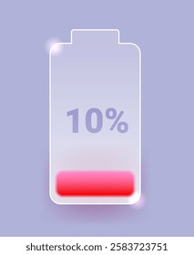 Low battery vertical icon in glass morphism style. Ten percent charge indicator symbol on gray background