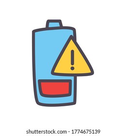 low battery with warning banner line and fill style icon design, energy power technology and charge theme Vector illustration