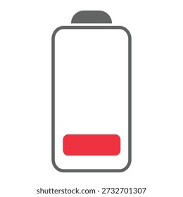 Ilustração de aviso de bateria fraca, vetor de nível de energia crítico vermelho, ícone plano simples para alerta e tecnologia de economia de energia