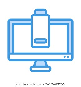 Low battery warning on computer monitor ideal for technology blog, power saving tips article, or graphic design illustrating power management.
