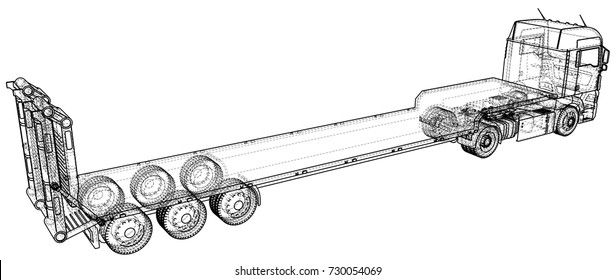 Low bed Truck Trailer. Abstract drawing. Tracing illustration of 3d.