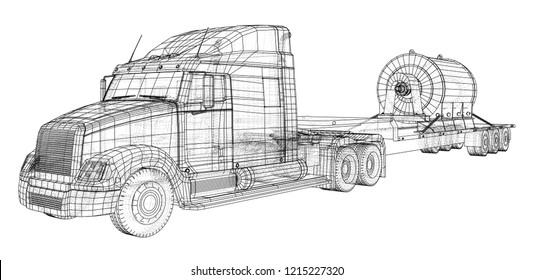 Low bed Truck Trailer. Cargo vehicle. Wire-frame. EPS10 format. Vector rendering of 3d.