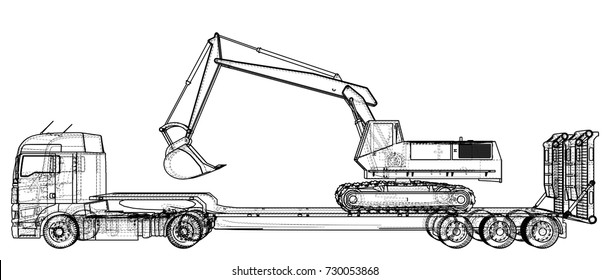 Low bed Truck Trailer and excavator. Abstract drawing. Wire-frame. EPS10 format. Vector created of 3d