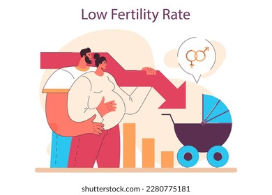 Low birth rate in developed countries. Population crisis caused by low natality rate. Demographic problem with childbirth reduction. Flat vector illustration