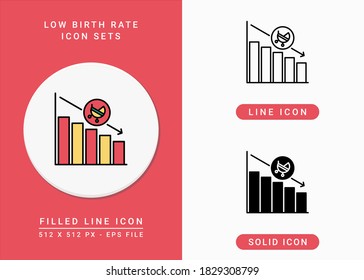 Low birth rate icons set vector illustration with solid icon line style. Loss birth rate population concept. Editable stroke icon on isolated background for web design, infographic and UI mobile app.