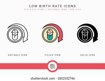 Low birth rate icons set vector illustration with solid icon line style. Loss birth rate population concept. Editable stroke icon on isolated background for web design, infographic and UI mobile app.