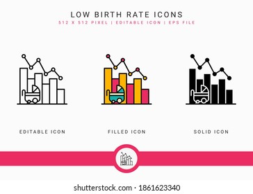Low birth rate icons set vector illustration with solid icon line style. Loss birthrate population concept. Editable stroke icon on isolated background for web design, infographic and UI mobile app.