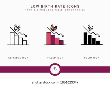 Low birth rate icons set vector illustration with solid icon line style. Loss birthrate population concept. Editable stroke icon on isolated background for web design, infographic and UI mobile app.