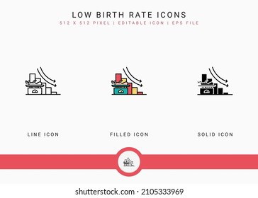 Low birth rate icons set vector illustration with solid icon line style. Loss birth rate population concept. Editable stroke icon on isolated background for web design, user interface, and mobile app