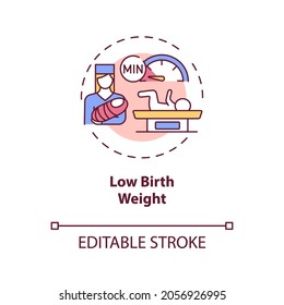 Low birthweight concept icon. Congenital hearing loss cause idea thin line illustration. Baby tiny body. Increased disabilities risk. Vector isolated outline RGB color drawing. Editable stroke