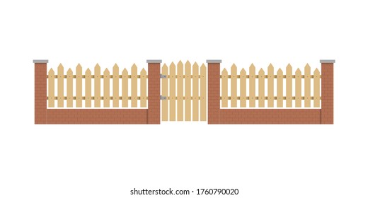 Low brick wall with little wooden fence. Isolated vector illustration on white background.