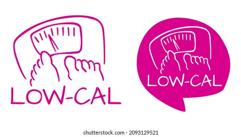 Low Cal flat cartion icon for healthy nutrition - weight scales and toes. Pictogram for dietary low-cal food products. Isolated vector emblem