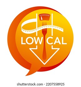 Low Cal flat icon for healthy nutrition - weight scales display in pin form - pictogram in bubble shape for dietary low-cal food products. Isolated vector emblem