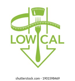 Low Cal Food Flat Icon - Stamp For Packaging Of Low Calories Diet Products - Weight Scales With Fork And Arrow Down