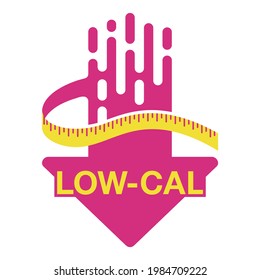 Low cal food flat icon - stamp for packaging of low calories diet products - weight scales with arrow down and measuring tape