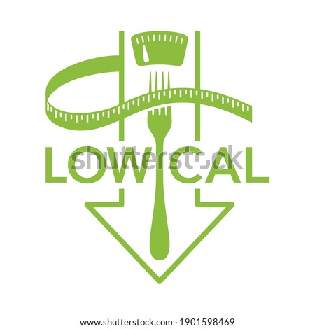 Low cal food flat icon - stamp for packaging of low calories diet products - weight scales with fork and arrow down