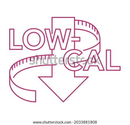 Low cal food flat thin line icon - stamp for packaging of low calories diet products - weight scales with arrow down and measuring tape