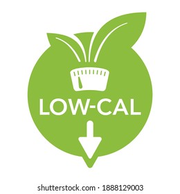 Low Cal Food Icon - Stamp For Packaging Of Low Calories Diet Products - Weight Scales With Green Leaves And Arrow Down