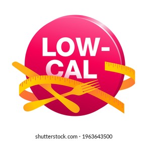 Low Cal and healthy eating 3D icon - red button with fork, knife and measuring tape around - pictogram for dietary low-cal food products - isolated vector emblem