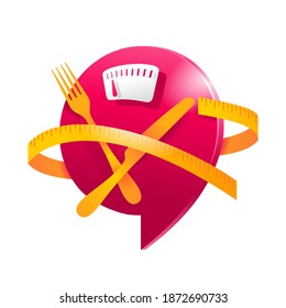 Low Cal and healthy nutrition 3D icon - weight scales with fork, knife and measuring tape around - pictogram for dietary low-cal food products - isolated vector emblem