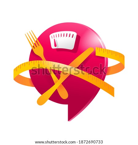 Low Cal and healthy nutrition 3D icon - weight scales with fork, knife and measuring tape around - pictogram for dietary low-cal food products - isolated vector emblem