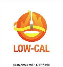 Low cal icon - emblem for packaging of low calories diet food products - circular stamp with weight scales, burning fire and measuring tape around svg