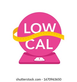 Low cal icon - stamp for packaging of low calories diet food products - circular sign stands on weight scales with measuring tape around