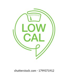 Low Cal stamp in thin line - combination of pin mark and weight scales - pictogram for dietary low-cal food products - isolated vector emblem svg