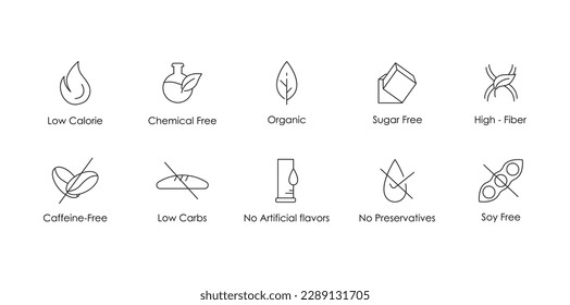 low calorie, chemical free, organic, sugar free, high fiber, caffeine free, low carbs, no artificial flavors, no preservatives, soy free icon set vector illustration 