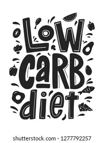 Low carb diet vector black lettering isolated on white background. Hand drawn food in cute cartoon style. 