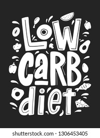 Low carb diet vector black lettering isolated on white background with colorful food. Hand drawn food in cute cartoon style. 