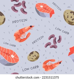 Low carb and high protein food, prawns and beans, quail eggs and salmon slice. Fish meat and vegetable ingredients for snacks. Seamless pattern or print, wallpaper background. Vector in flat style