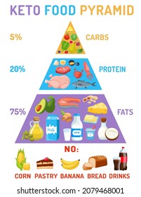 Low carbohydrate diet diagram. Medical pyramid infographics. Macronutrient ratio vertical poster. Fat loss concept. Colourful vector illustration isolated on a white background. Healthy eating banner