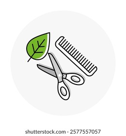 Low Carbon Beauty Icon – Scissors and Comb with Leaf Representing Sustainable Personal Care