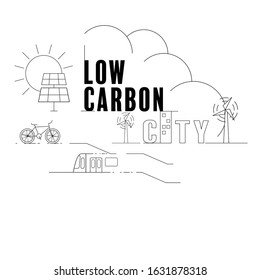 Low Carbon City. Modern Transit And Renewable Energy. Vector Illustration Outline Flat Design Style.