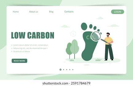 Low carbon. Landing page template. CO2 footprint, environmental pollution. Climate change. Net zero. Female character with magnifier. Vector illustration in flat cartoon style.