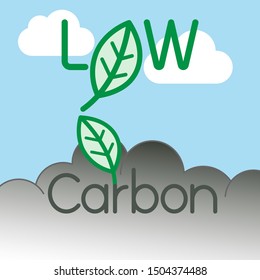 Low carbon typographic design. Carbon dioxide reduction symbol. Vector illustration outline flat design style.