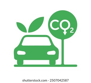 Low carbon vehicles - transport that produce low or zero emissions. Electric or hydrogen fuel cell car. Flat green emblem