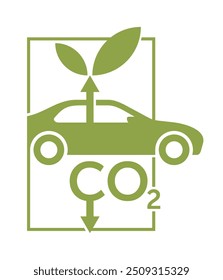 Low carbon vehicles - transport that produce low or zero emissions. Electric or hydrogen fuel cell car. Flat green emblem in rectangular shape