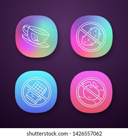 Low carbs and diabetic diet app icons set.  No glucose and carbohydrate products. UI/UX user interface. Sugar free food and healthy eating.  Web or mobile applications. Vector isolated illustrations