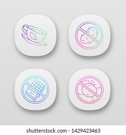 Low carbs diet app icons set.  No glucose and carbohydrate diabetic products. UI/UX user interface. Sugar free food and healthy eating.  Web or mobile applications. Vector isolated illustrations