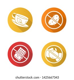 Low carbs flat design long shadow glyph icons set. No fructose and glucose, diabetic products. Organic green tea cup. Sugar free food and healthy eating vector silhouette illustration