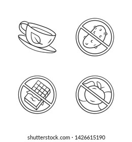 Low carbs linear icons set. No fructose and glucose, diabetic products. Thin line contour symbols. Sugar free food and healthy eating. Isolated vector outline illustrations. Editable stroke