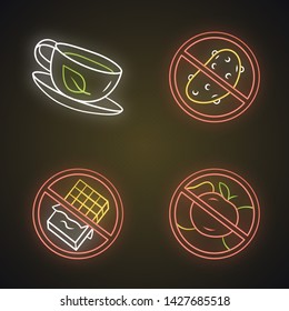 Low carbs neon light icons set. No fructose and glucose, diabetic products. Glowing signs. Organic green tea cup, antioxidant. Sugar free food and healthy eating vector isolated illustrations
