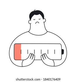 Low Charge Energy, Tired Man And Battery. The Low Charged Battery In Hands Of A Frustrated Upset Young Man. Cute Flat Line Vector Illustration On White.