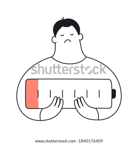 Low charge energy, tired man and battery. The low charged battery in hands of a frustrated upset young man. Cute flat line vector illustration on white.