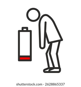 low charge person, tired human icon, exhaustion man, thin line vector illustration